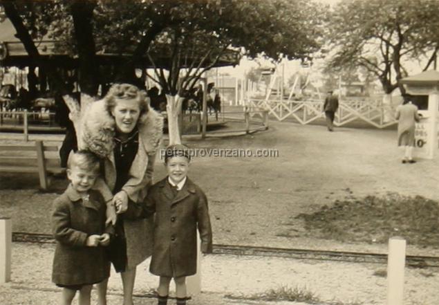 Peter Provenzano Photo Album Image_copy_147.jpg - Fay Provenzano with Dickie Gall (on left) and Ralph Schumann (on right) at Kiddieland Amusement Park.  8400 W. North Ave,
Melrose Park, IL - 1942.